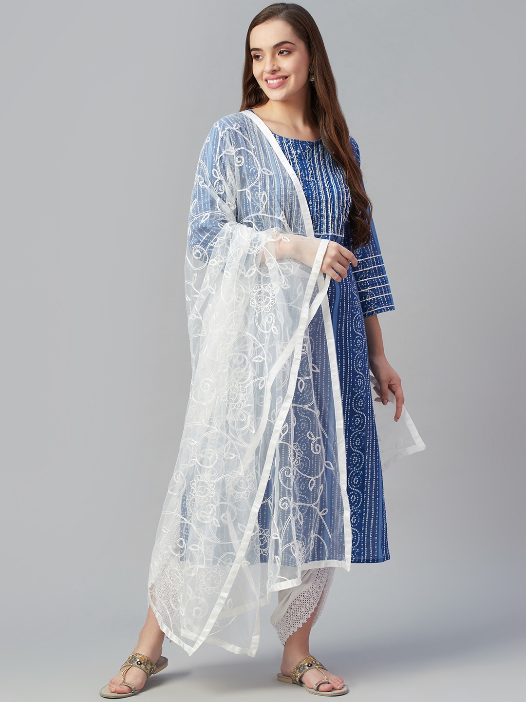 

Silai Bunai Women Blue Bandhani Printed Regular Pure Cotton Kurta with Palazzos & With Dupatta