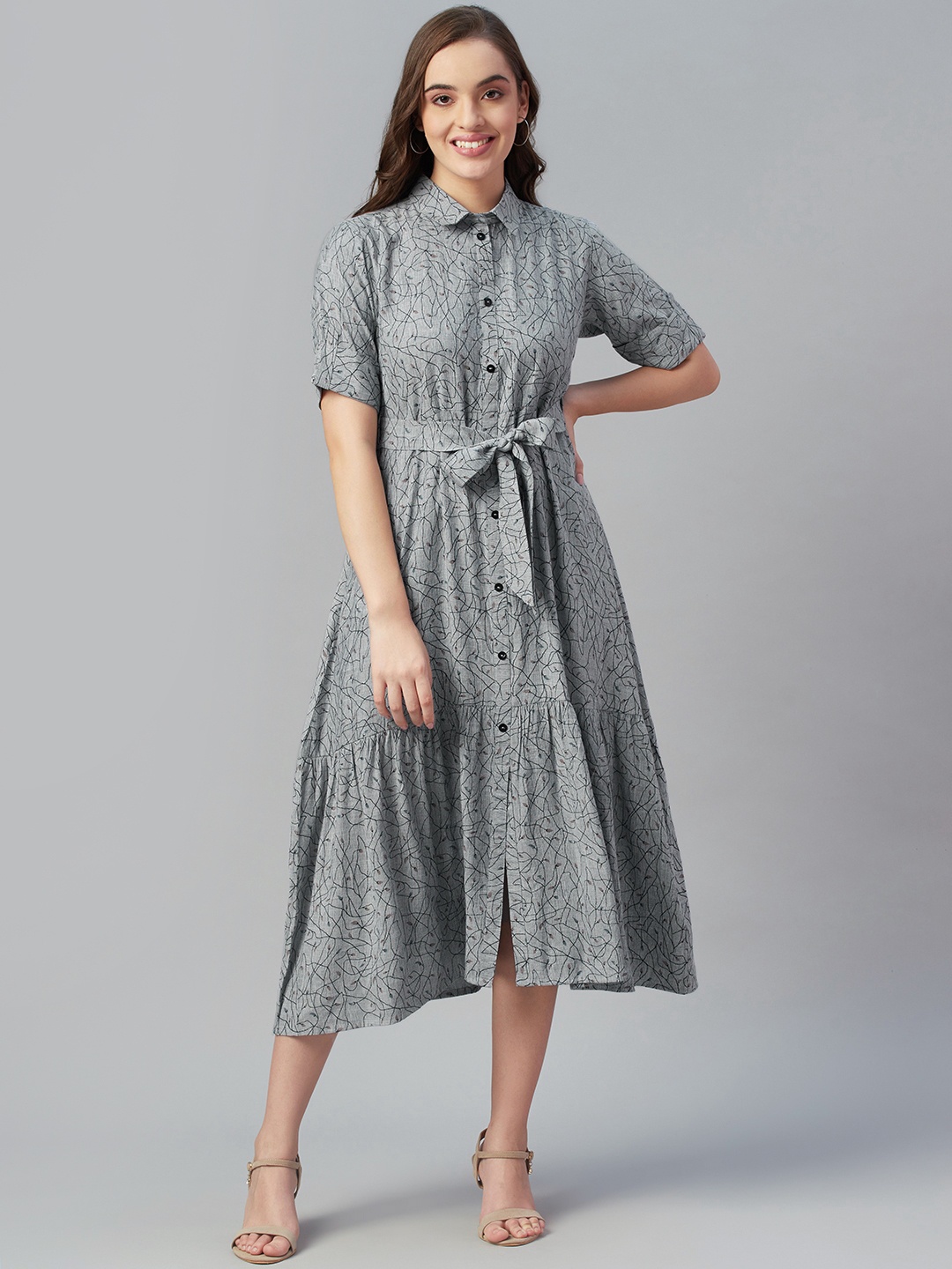 

Silai Bunai Grey Floral Shirt Midi Dress