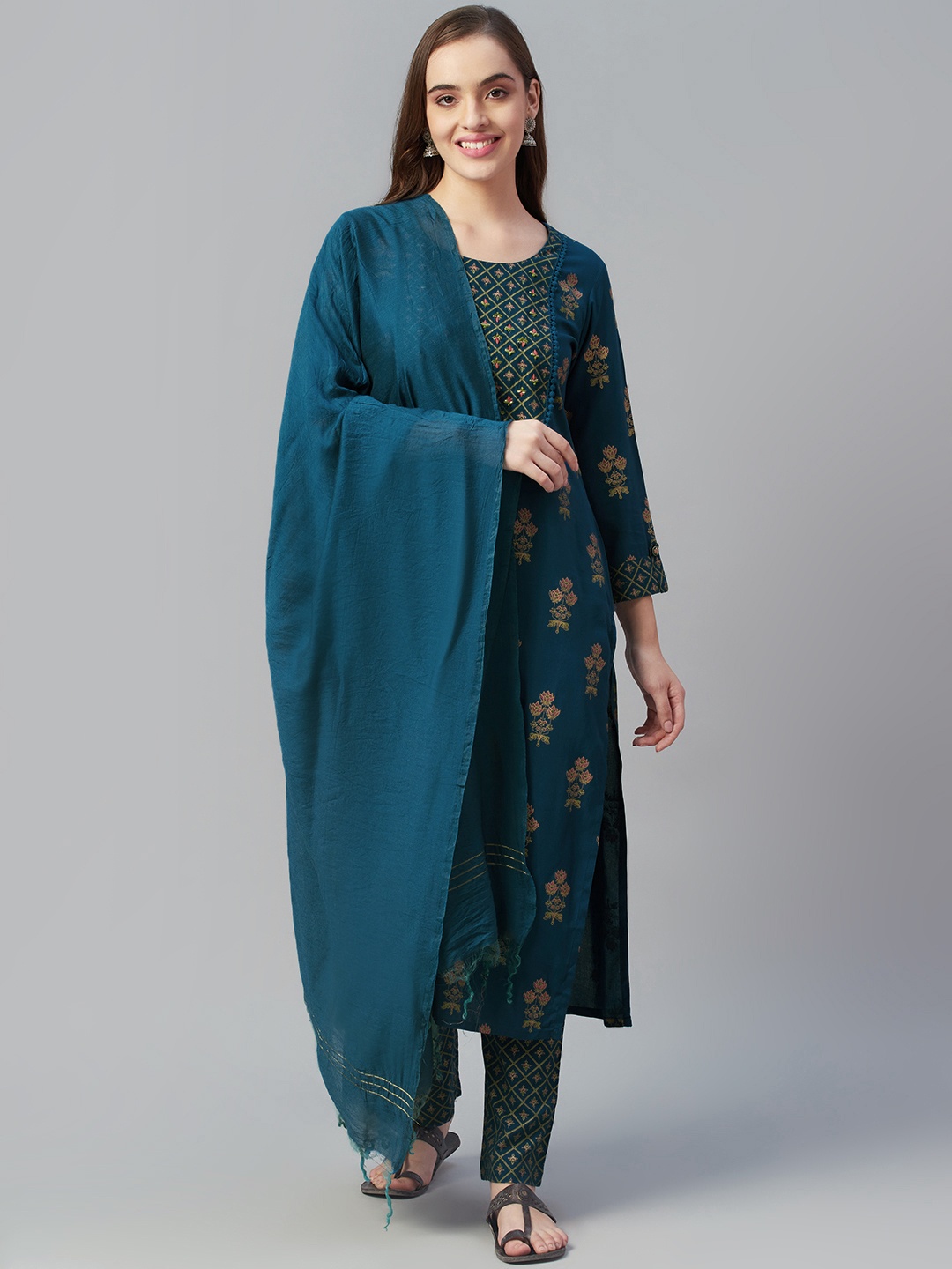 

Silai Bunai Women Blue Ethnic Motifs Printed Regular Kurta with Palazzos & With Dupatta