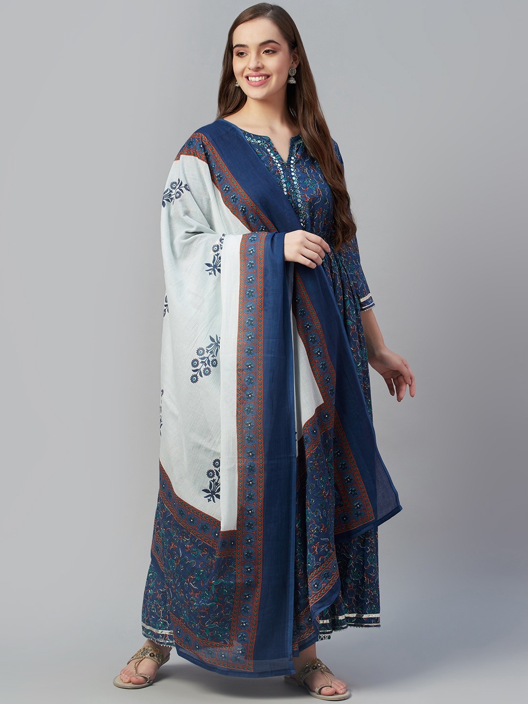 

Silai Bunai Women Blue Floral Printed Pleated Pure Cotton Kurta with Palazzos & With Dupatta