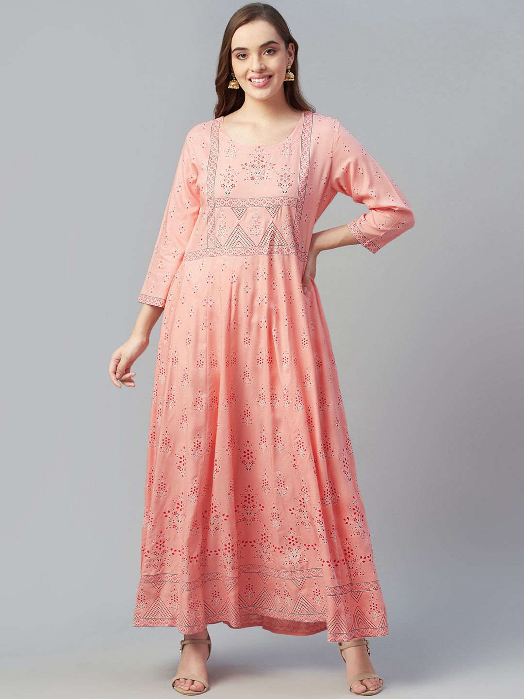 

Silai Bunai Women Pink & Red Floral Printed Anarkali Kurta