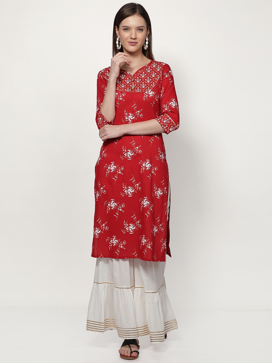 

Dipsha Women Maroon Ethnic Motifs Printed Regular Pure Cotton Kurta with Sharara