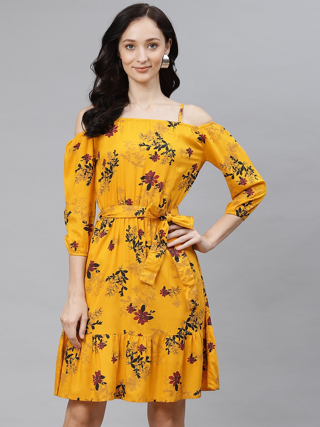 

Popnetic Mustard Yellow Floral A-Line Dress