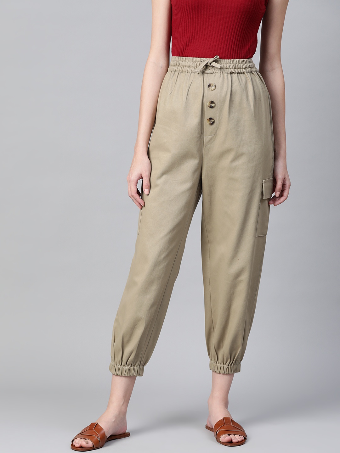 

Popnetic Women Beige Cotton Cropped Joggers