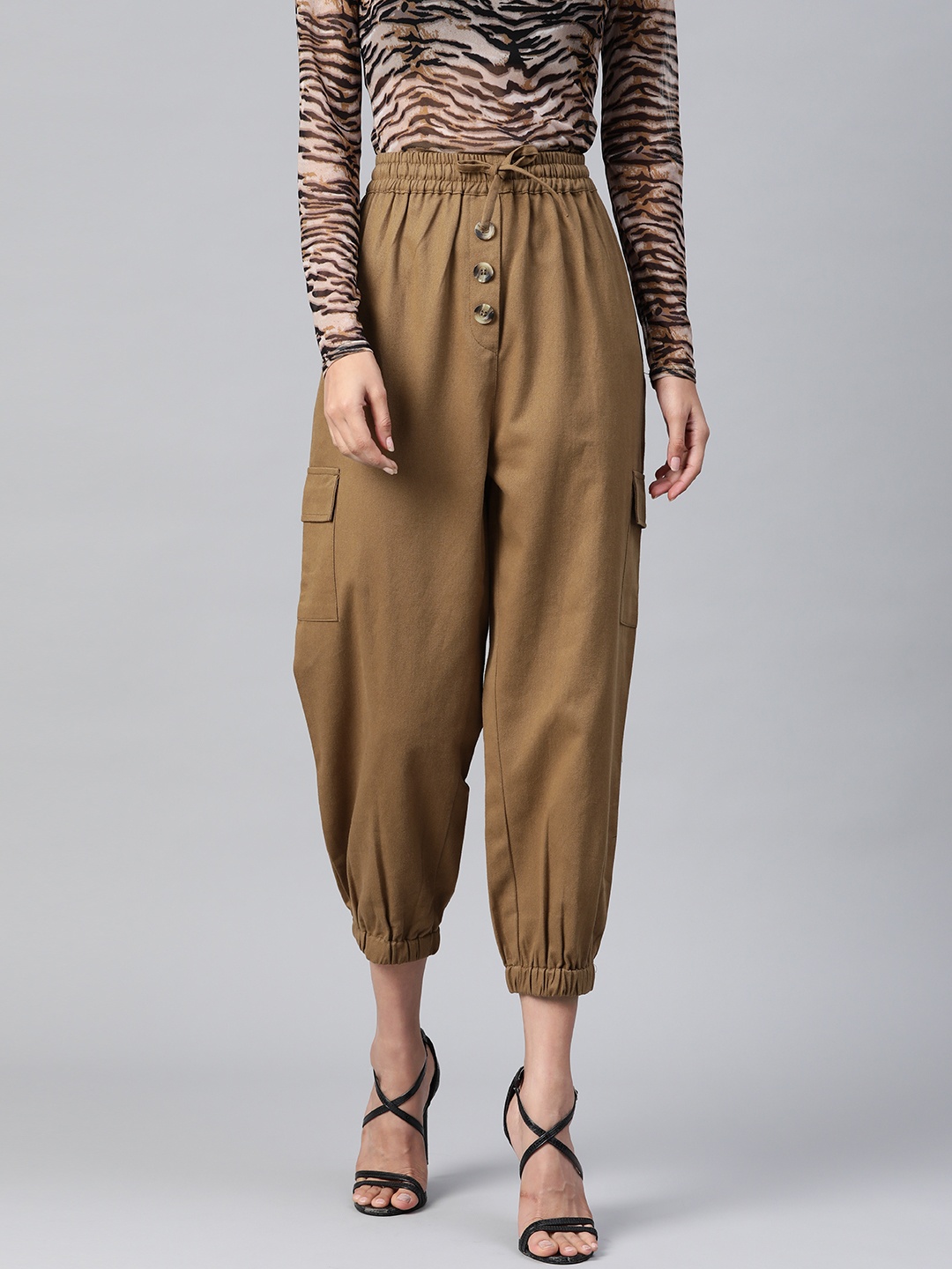 

Popnetic Women Khaki High-Rise Cargo Joggers