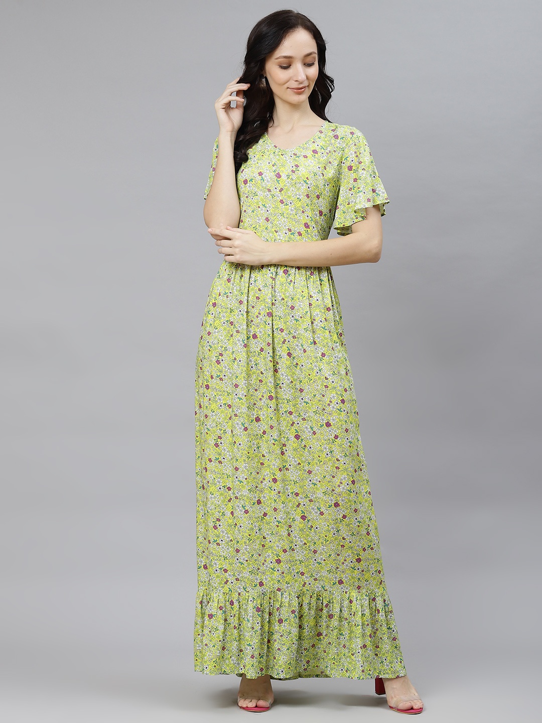 

Popnetic Yellow Floral A-Line Maxi Dress