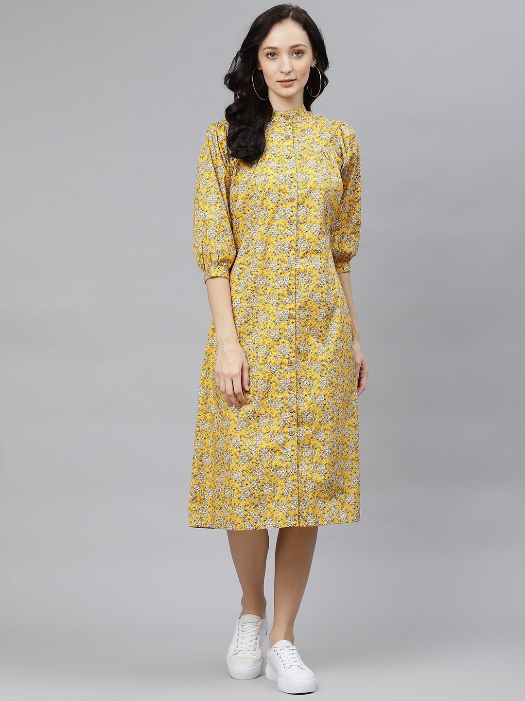 

Popnetic Mustard Yellow Floral A-Line Midi Dress