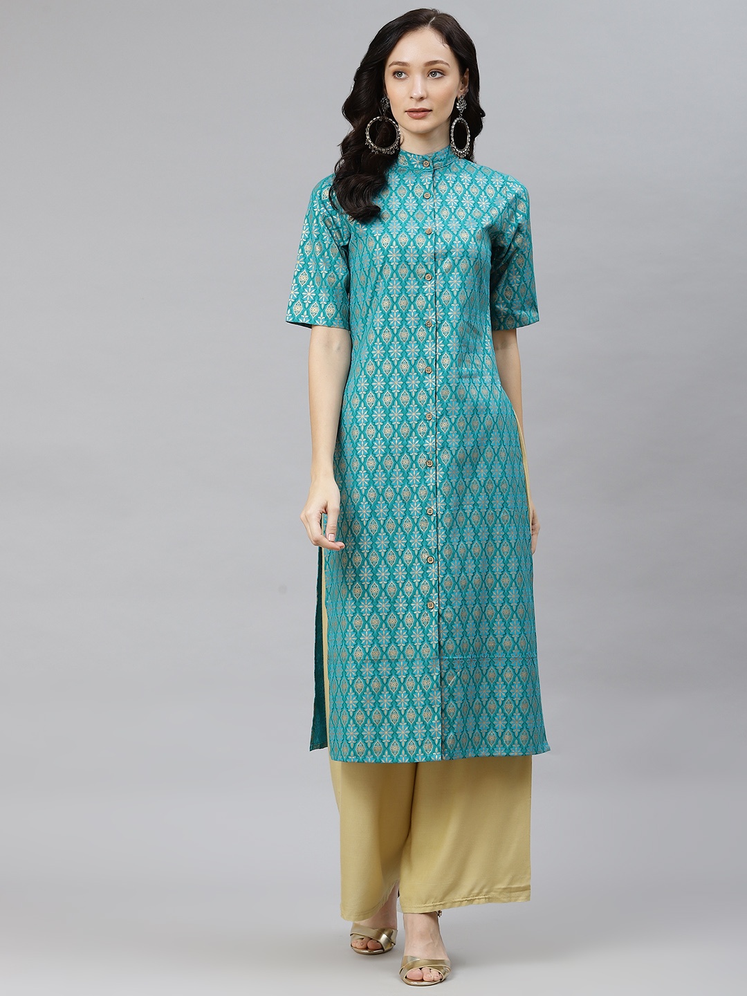 

Popnetic Women Teal & Gold-Toned Ethnic Motifs Printed Kurta