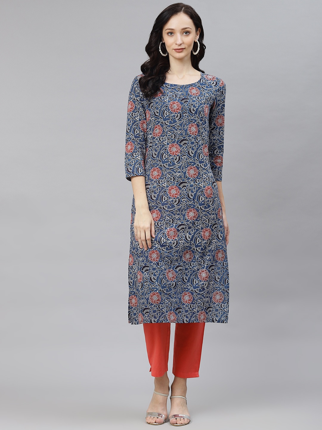 

Popnetic Women Blue & Maroon Floral Printed Kurta