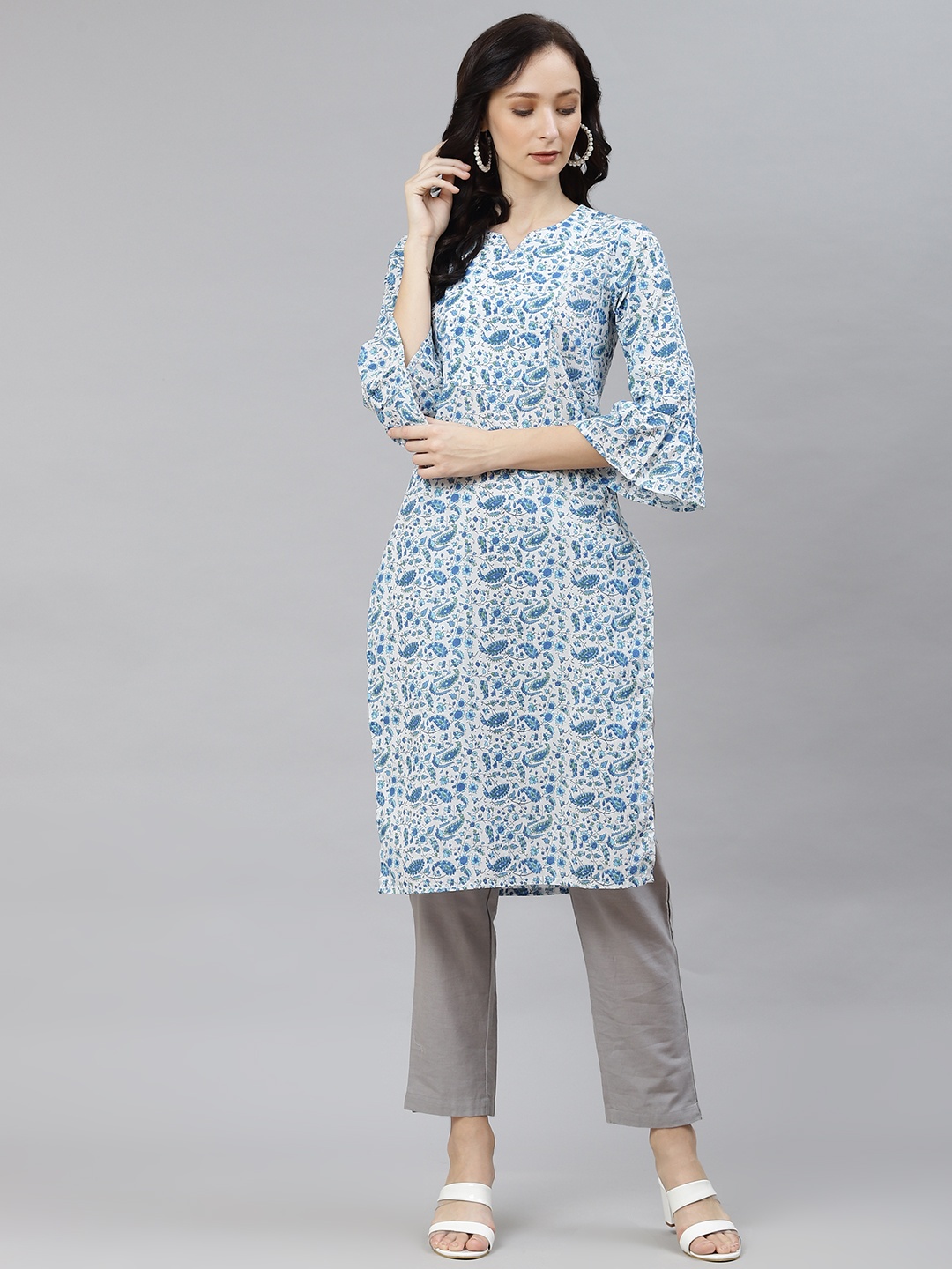 

Popnetic Women Blue & White Floral Printed Bell Sleeves Floral Kurta