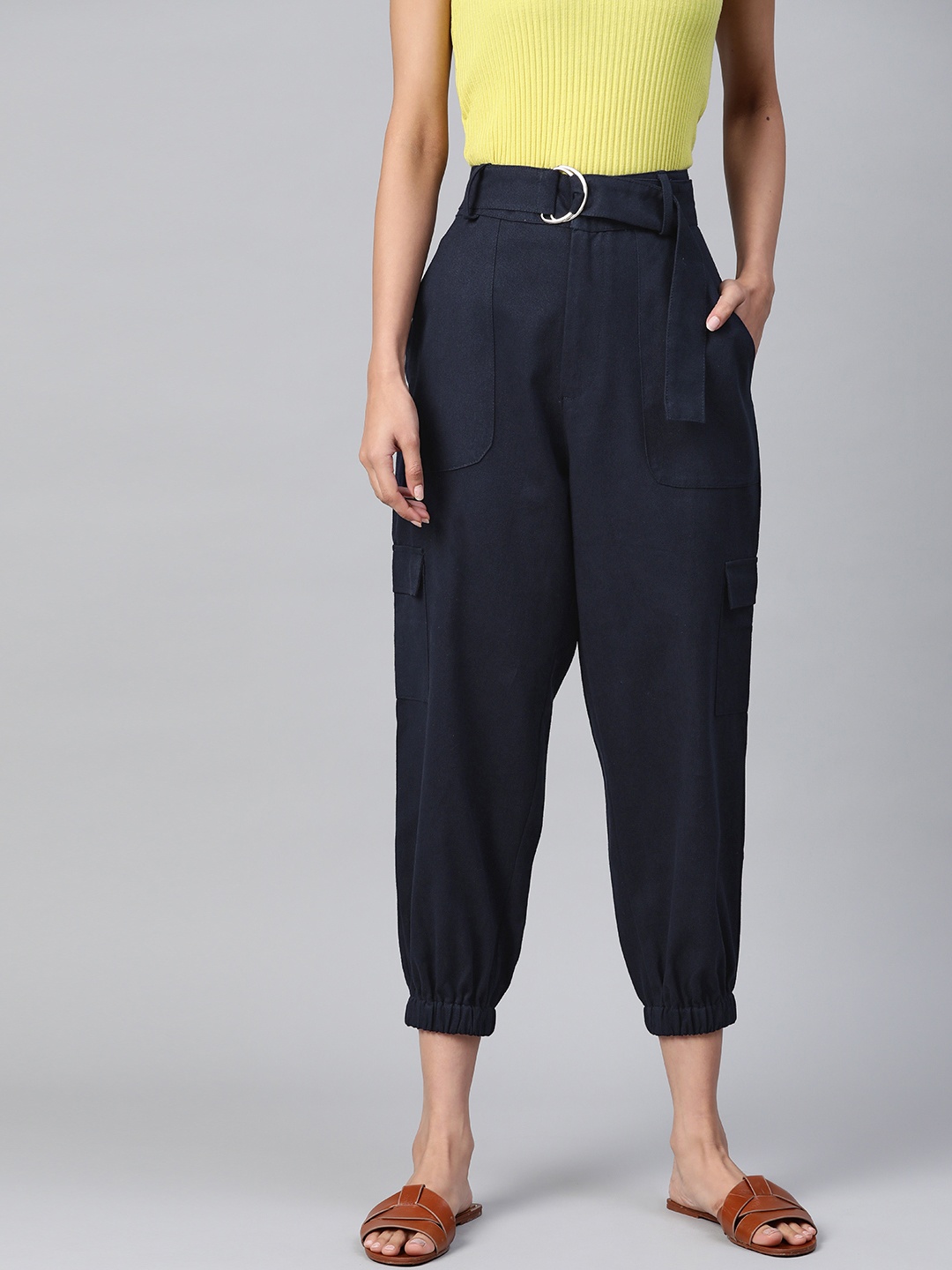 

Popnetic Women Navy Blue Cotton Cropped Cargo Joggers