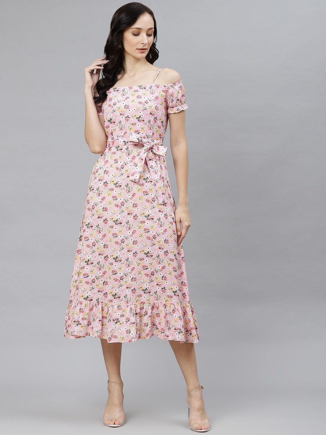 

Popnetic Pink Floral Off-Shoulder Midi Dress