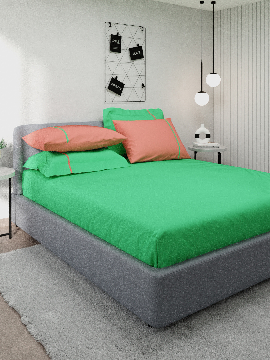 

Stoa Paris Green & Peach Solid 144 TC Cotton King SIze Bedsheet With 4 Pillow Covers