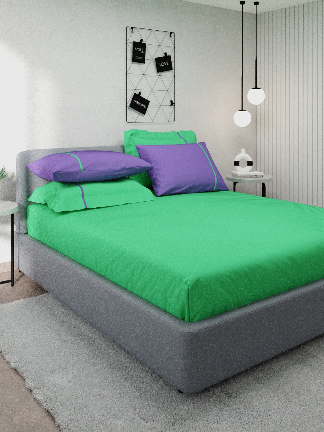 

Stoa Paris Green & Purple Soldi 144 TC Cotton King Bedsheet With 4 Pillow Covers