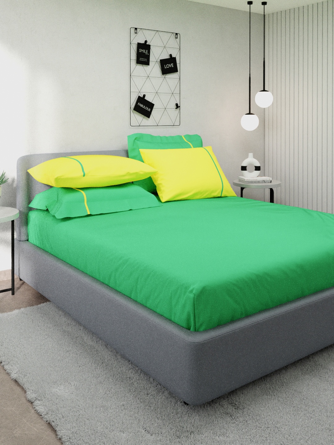 Stoa Paris Green & Yellow Solid 144 TC Cotton King Size Bedsheet With 2 Pillow Covers