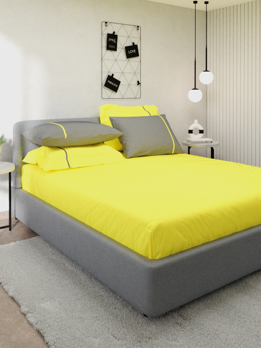 

Stoa Paris Colours Collection Cotton 144 TC Lime & Grey King Bedsheet With 4 Pillow Covers, Yellow