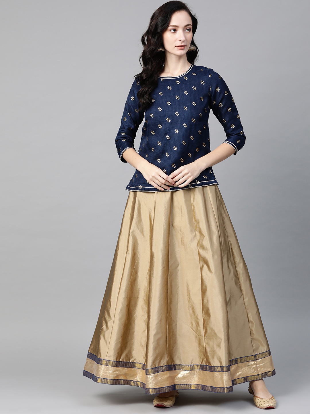 

Readiprint Fashions Golden & Navy Blue Printed Ready to Wear Lehenga with Top, Gold