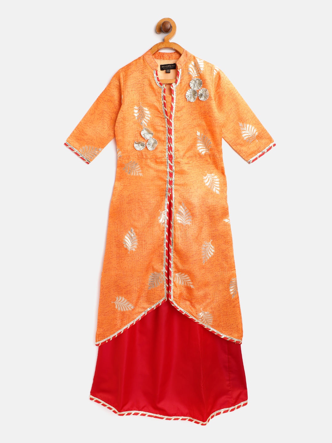 

Readiprint Fashions Girls Orange & Red Printed High Slit Kurta with Solid Skirt