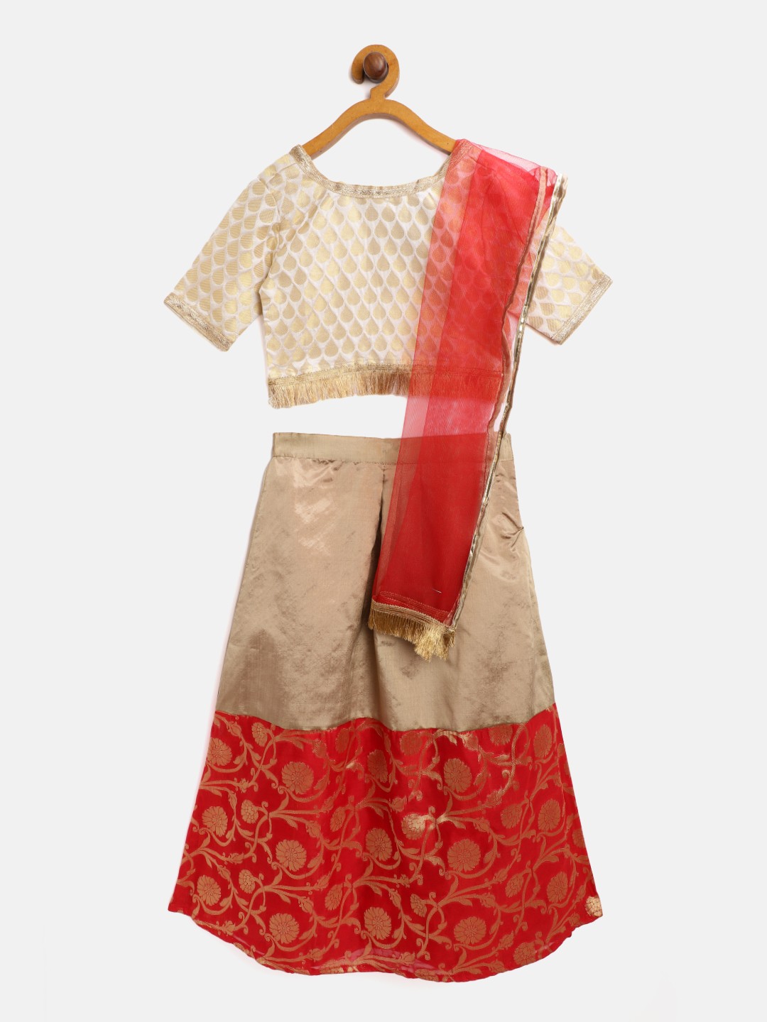 

Readiprint Fashions Girls Taupe & Off White Ready to Wear Woven Design Lehenga Choli
