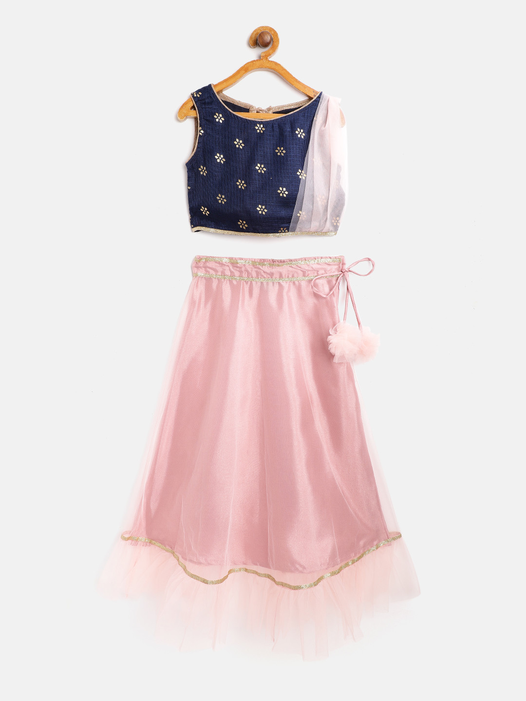 

Readiprint Fashions Girls Pink & Navy Blue Printed Ready to Wear Lehenga & Blouse With Dupatta