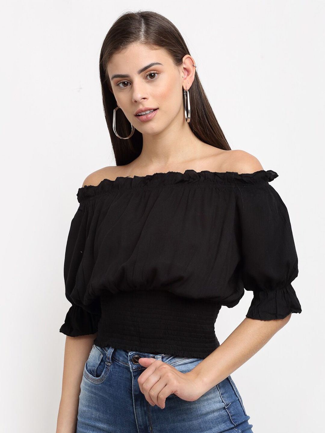 

emeros Black Off-Shoulder Crepe Bardot Crop Top