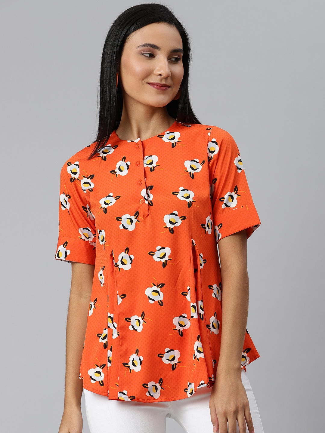 

Ives Orange Floral Printed A-Line Top