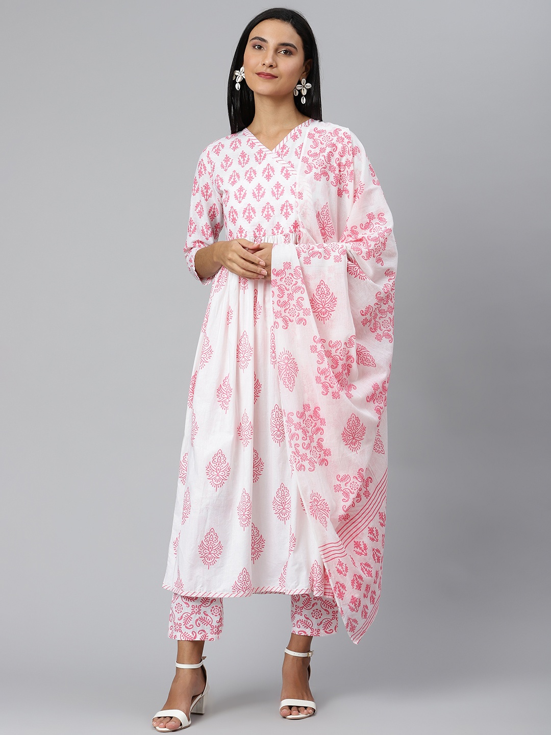 

Ives Women White & Pink Ethnic Motifs Angrakha Pure Cotton Kurta with Palazzos & Dupatta