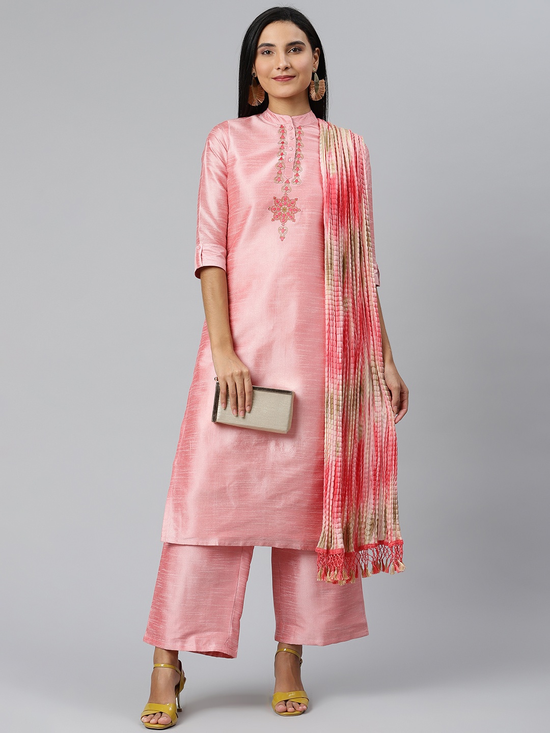 

Ives Women Pink Ethnic Motifs Yoke Design Dupion Silk Kurta with Palazzos & Dupatta
