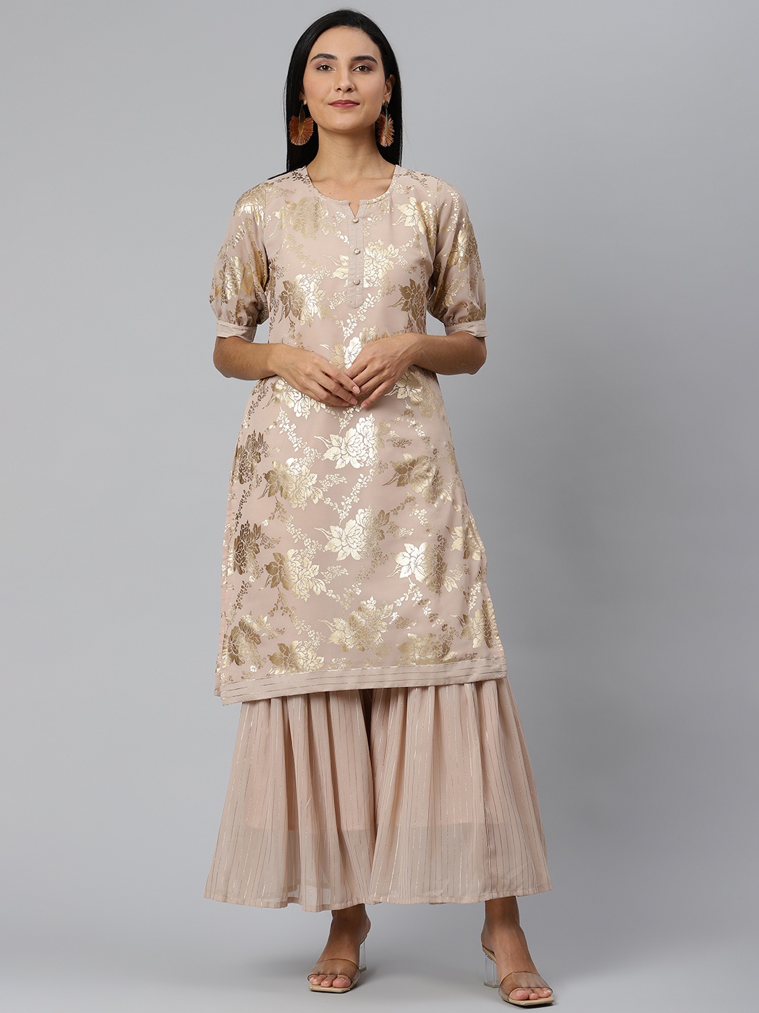 

Ives Women Beige Floral Foil Printed Regular Kurta with Sharara