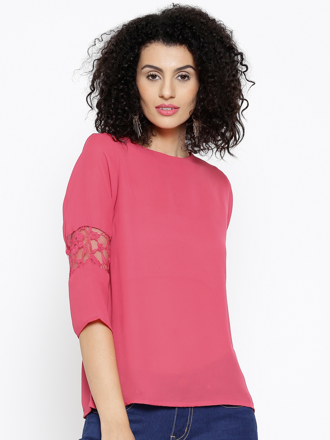 

SASSAFRAS Women Pink Lace Detail Top