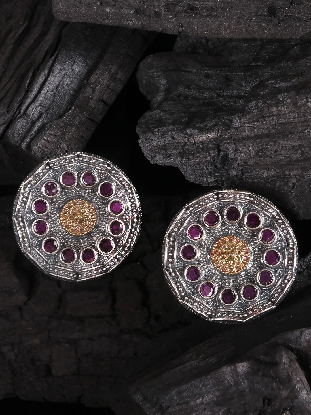 

JEWELS GEHNA Silver-Toned Oxidised Circular Studs Earrings