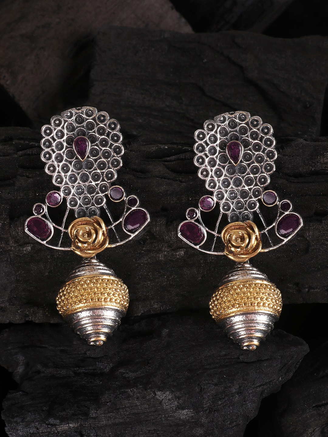 

JEWELS GEHNA Silver-Toned Oxidized Contemporary Drop Earrings