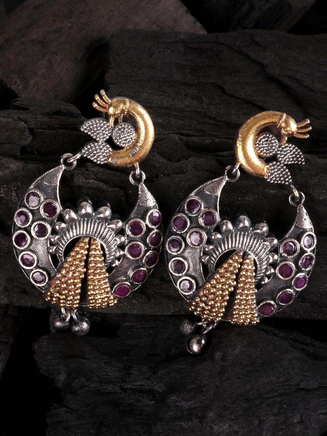

JEWELS GEHNA Silver-Toned & Gold-Toned Oxidised Peacock Shaped Chanbalis