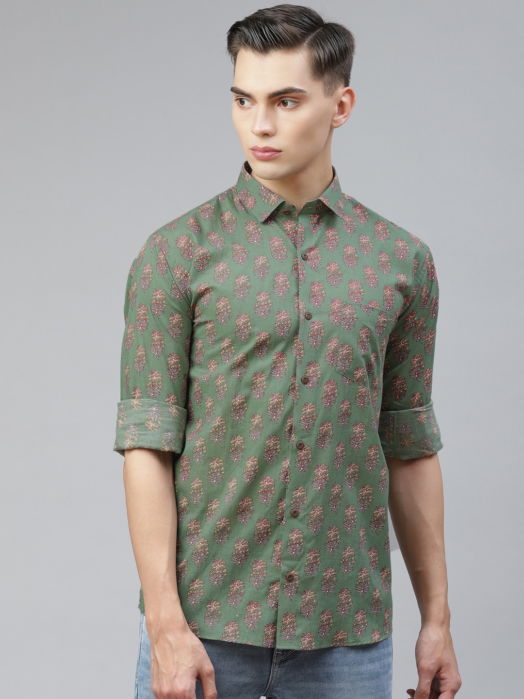 

MILLENNIAL MEN Green Comfort Floral Opaque Printed Casual Shirt
