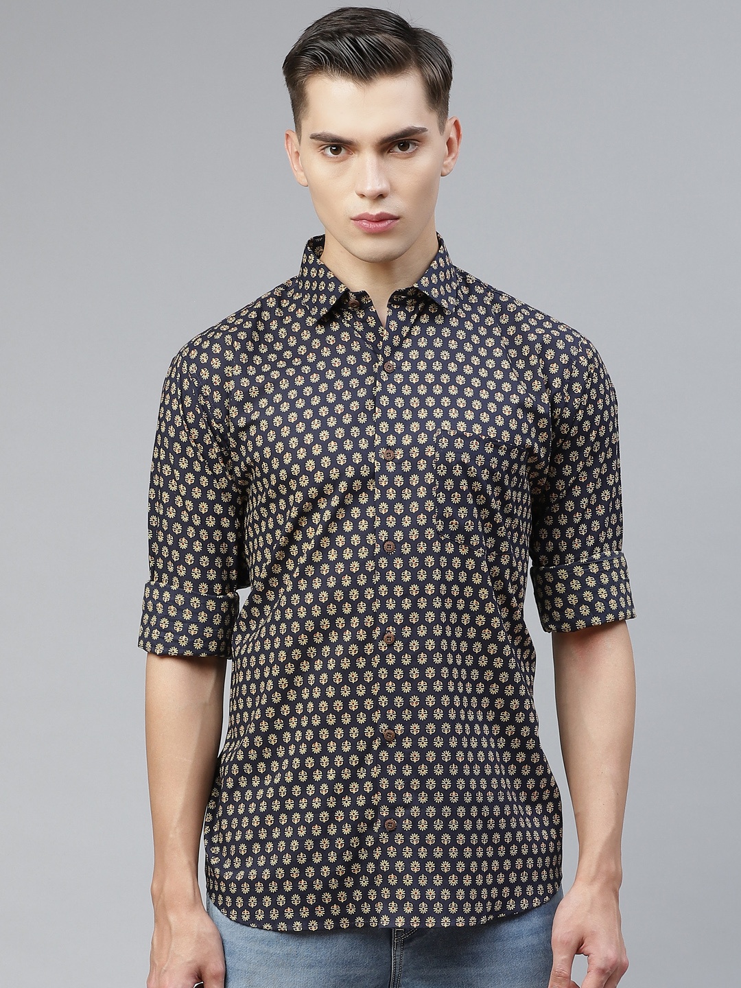 

MILLENNIAL MEN Navy Blue Comfort Floral Opaque Printed Casual Shirt
