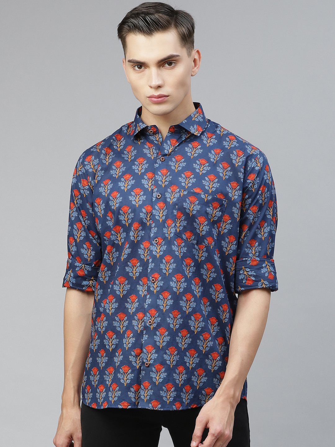 

MILLENNIAL MEN Navy Blue Comfort Floral Opaque Printed Casual Shirt