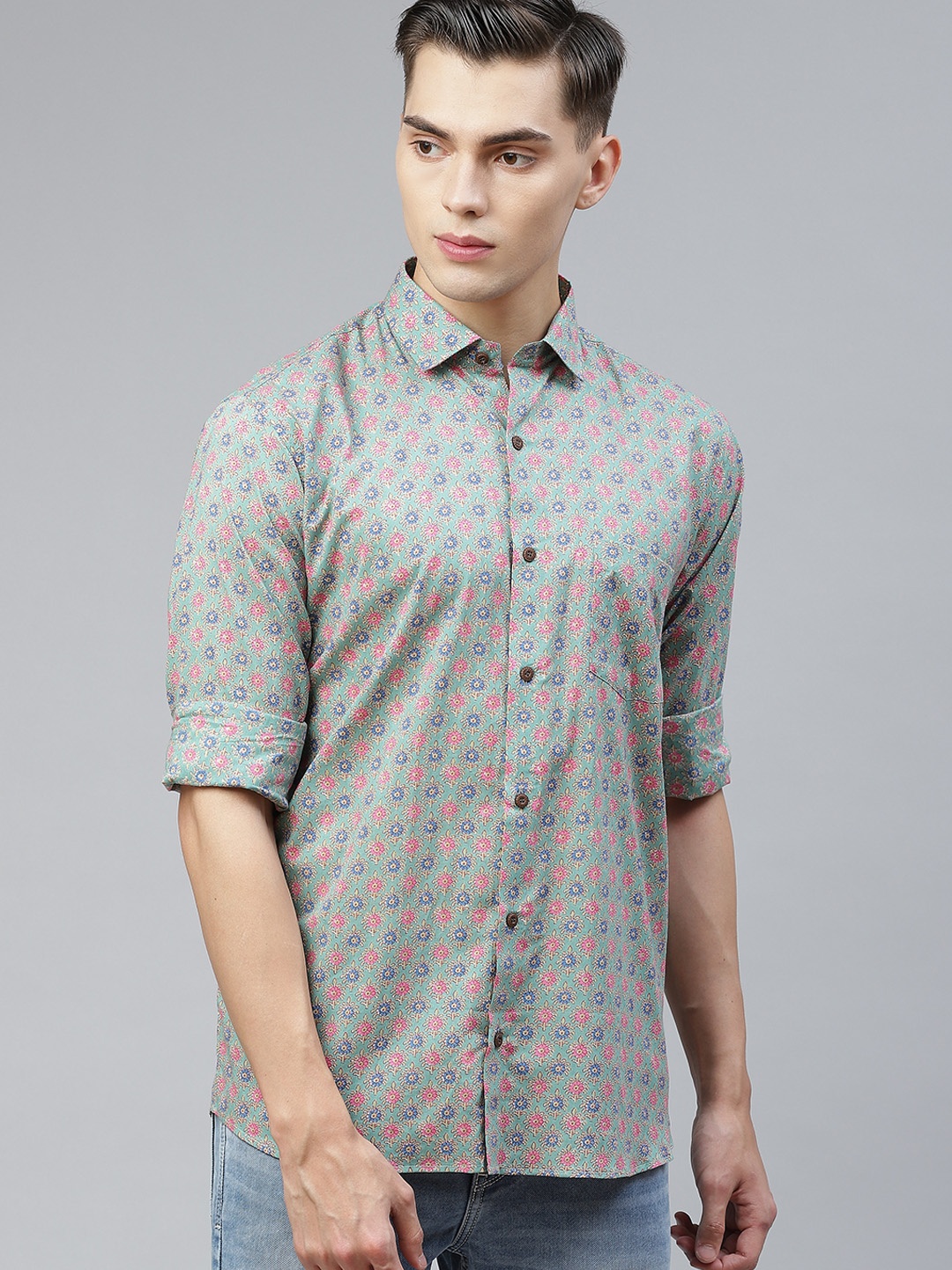 

MILLENNIAL MEN Green Comfort Floral Opaque Printed Casual Shirt