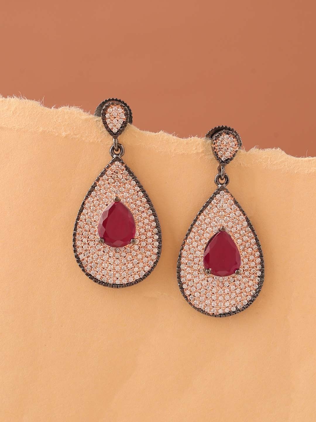 

Tistabene Rhodium-Plated & Pink Teardrop Shaped Drop Earrings