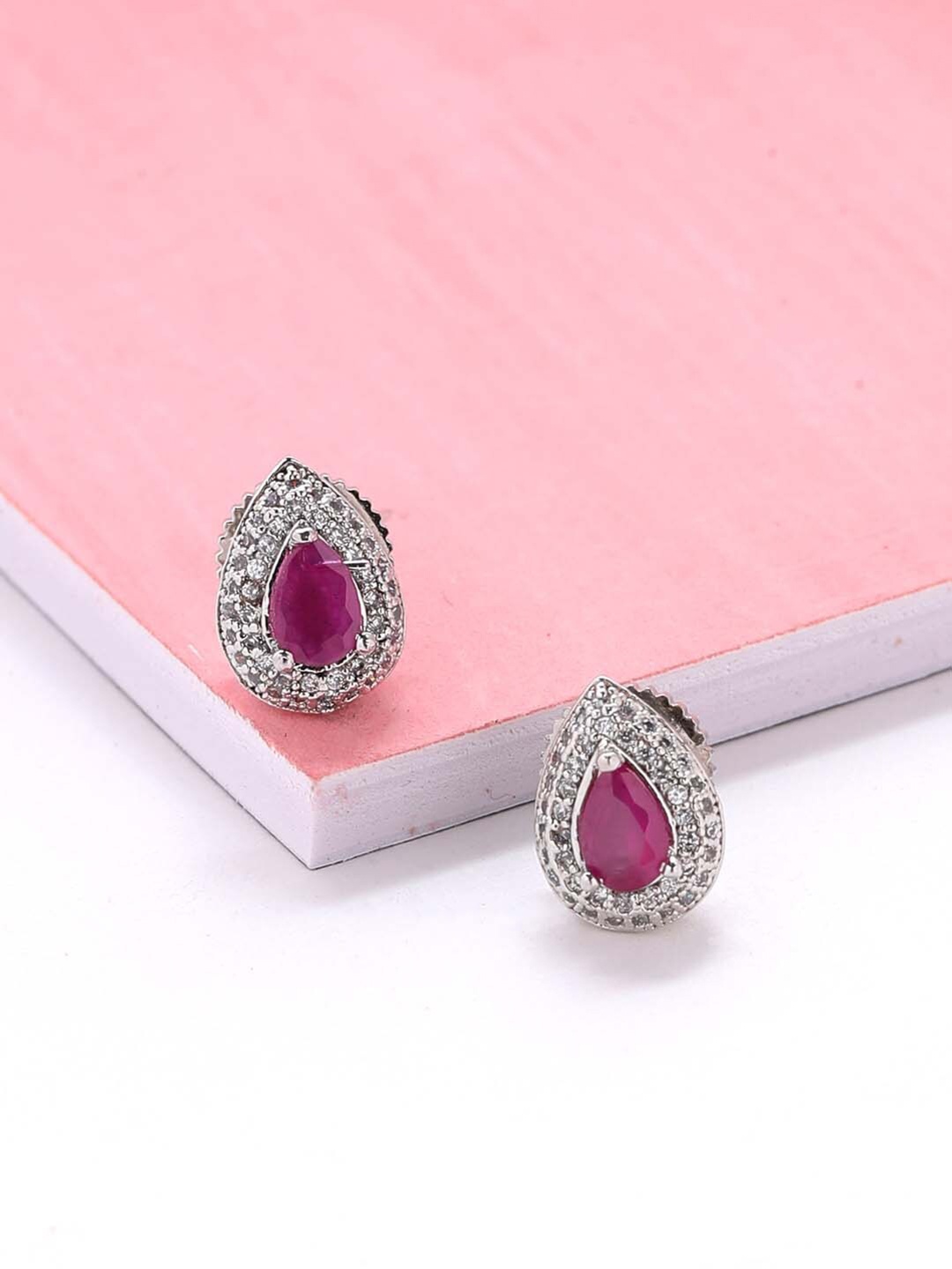 

Tistabene Rhodium-Plated & Pink Teardrop Shaped Studs