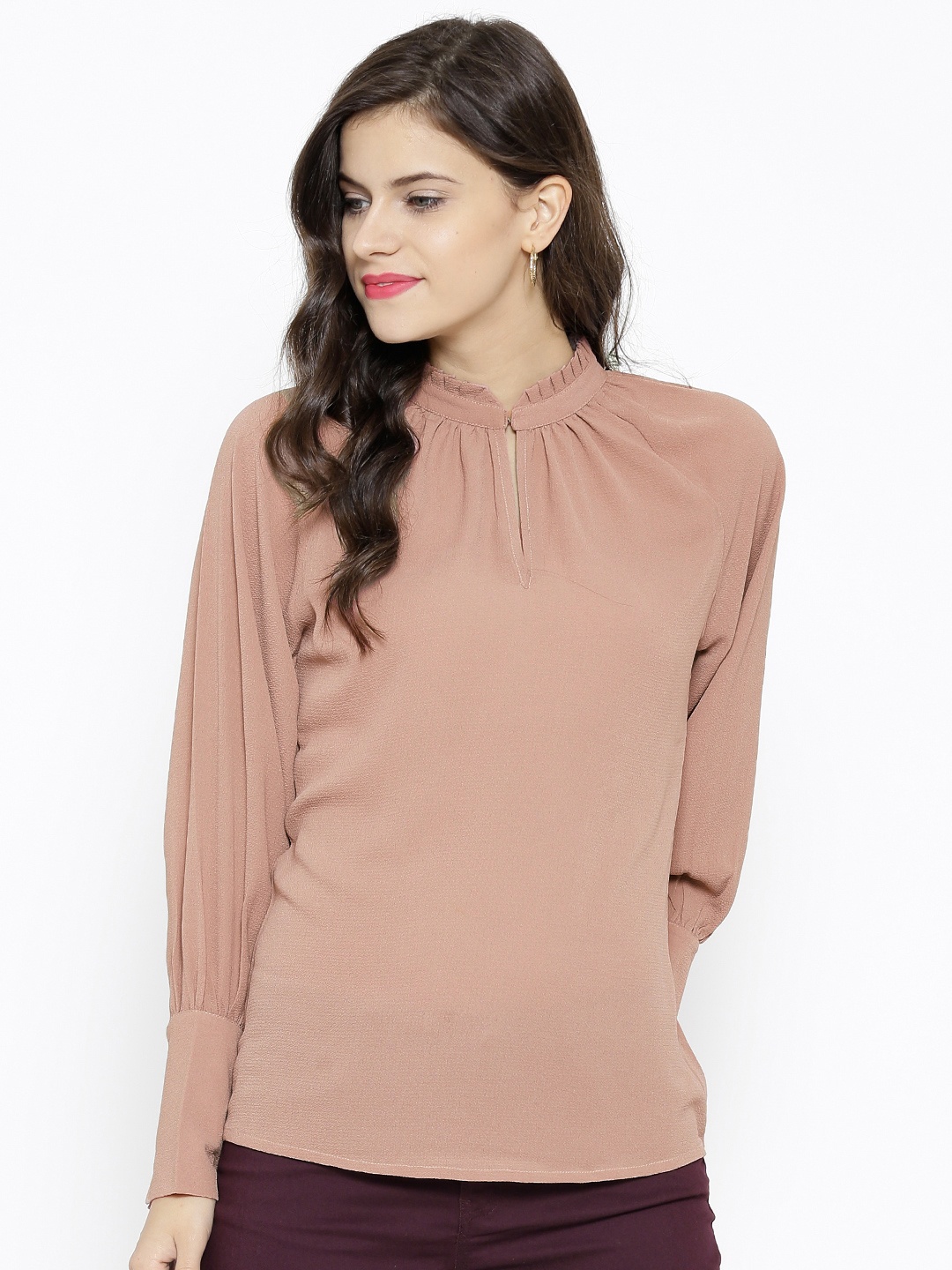 

SASSAFRAS Women Rust Pink Solid High Neck Top With Pleated Detailing