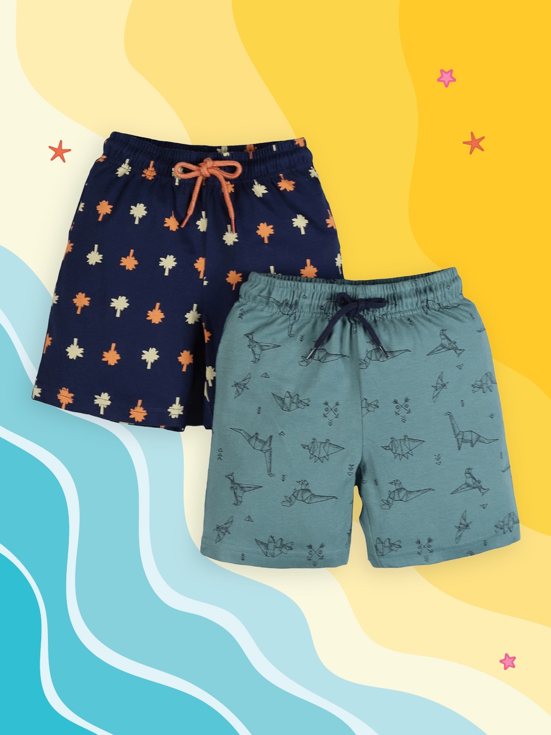 

PLUM TREE Boys Pack of 2 Navy Blue & Green Printed Regular Shorts