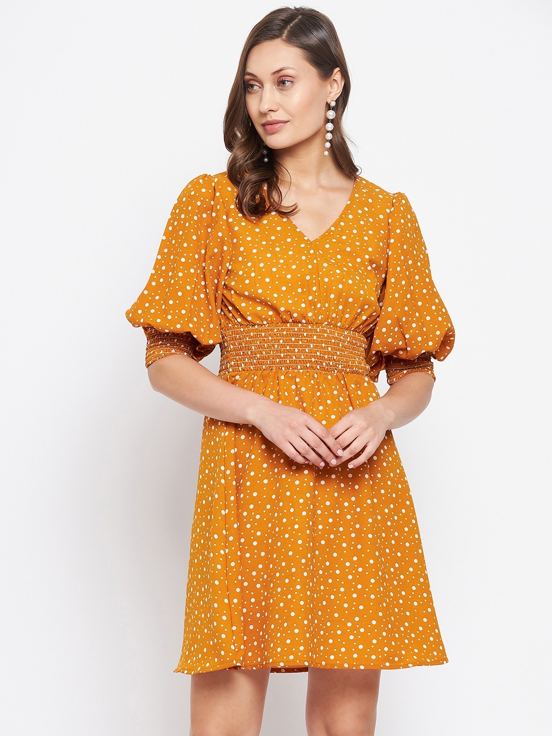 

PURYS Women Stylish Mustard Polka Dots Dress