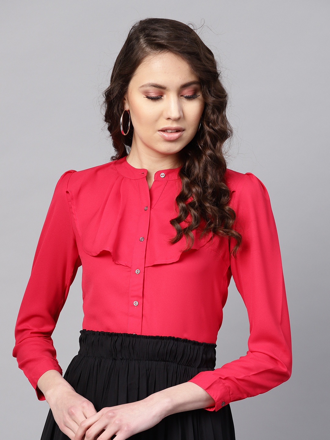 

SASSAFRAS Women Fuchsia Ruffled Shirt Style Top