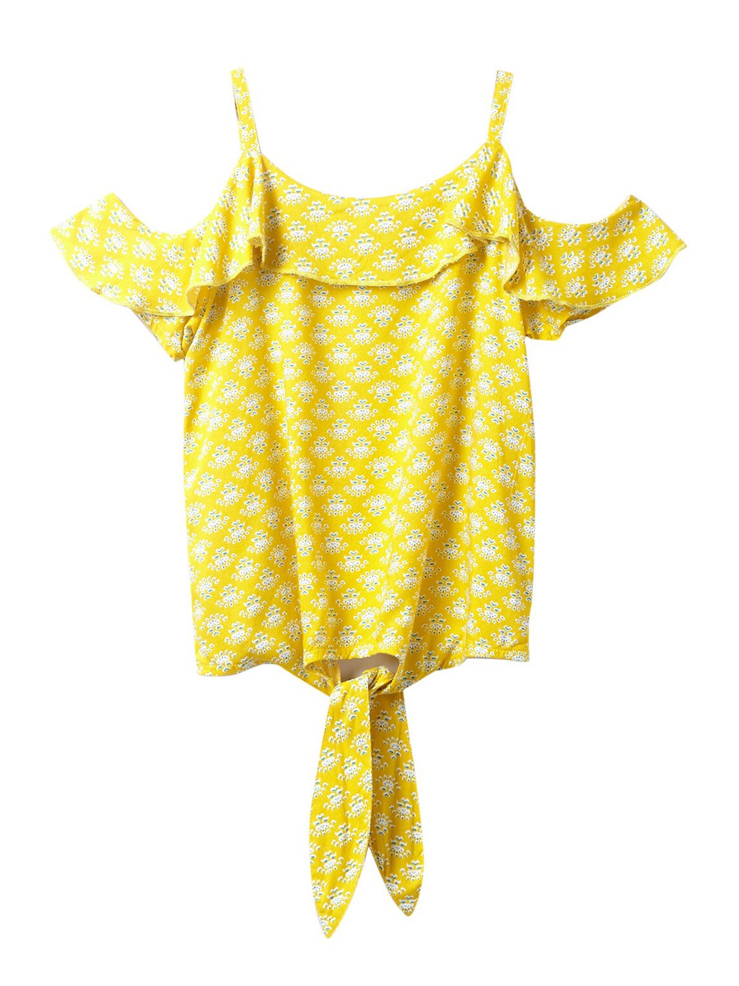 

Cub McPaws Girls Yellow Printed Cold Shoulder Sleeves Regular Top