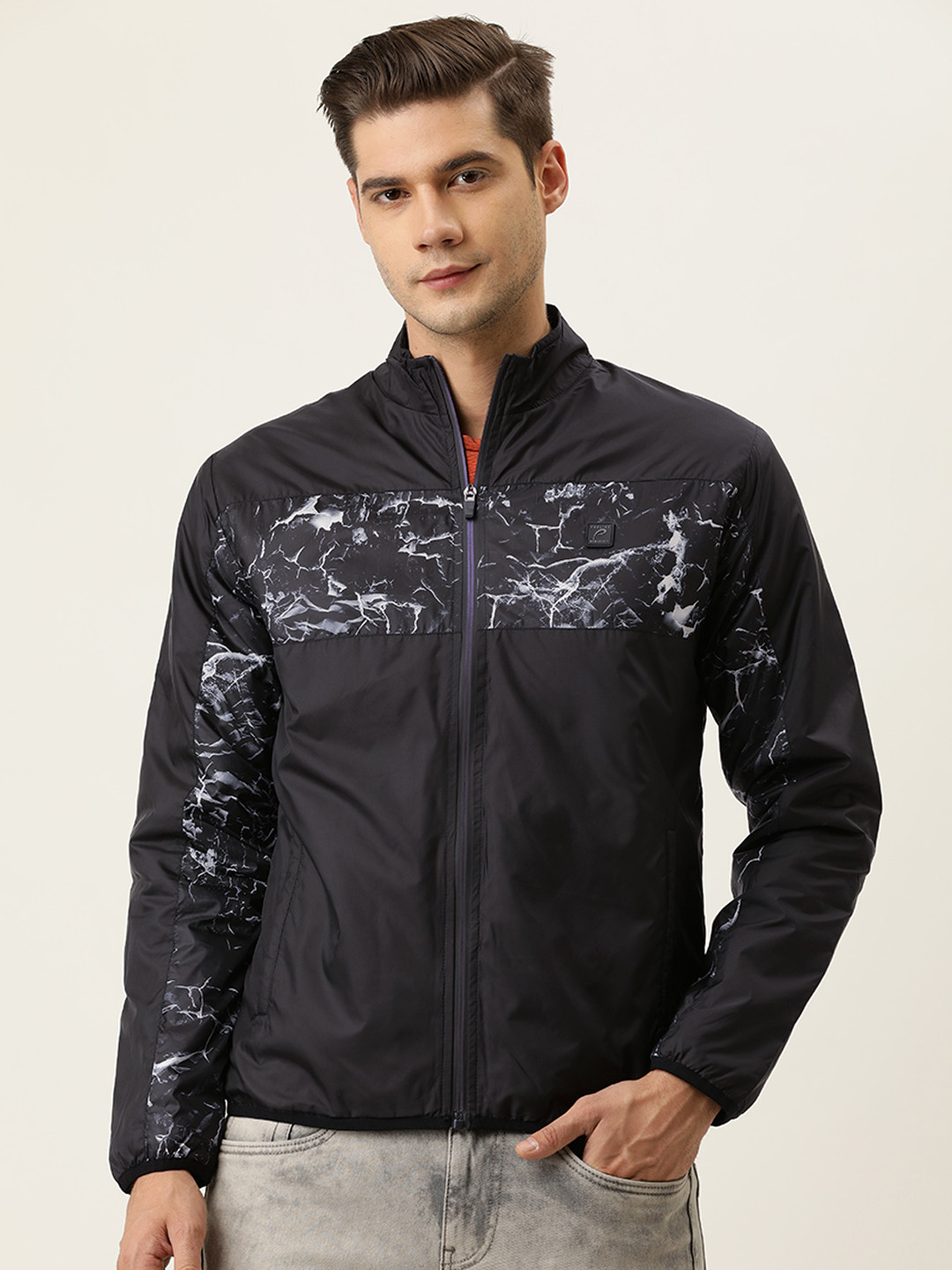 

Proline Active Men Navy Blue & White Biker Jacket with Embroidered