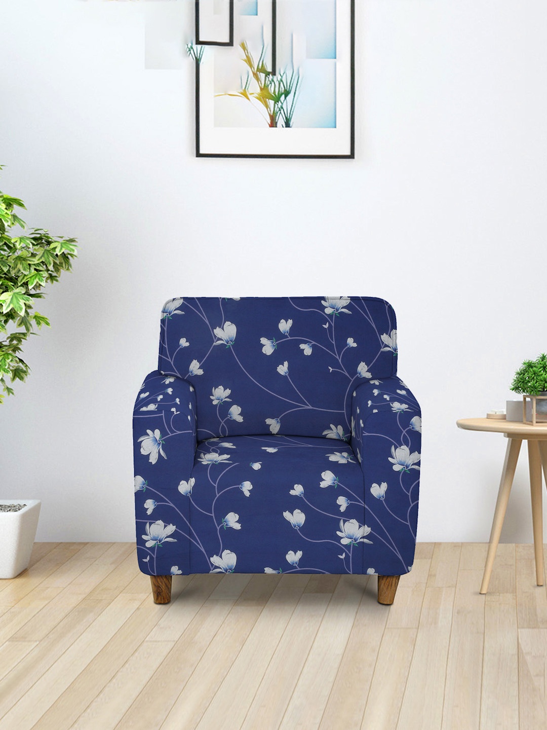 Cortina Blue & White Printed 1-Seater Super-Stretchable Non-Slip Sofa Slipcover