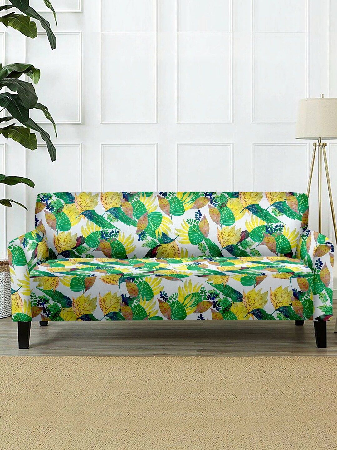 

Cortina White & Green Printed 2-Seater Super-Stretchable Non-Slip Sofa Slipcover