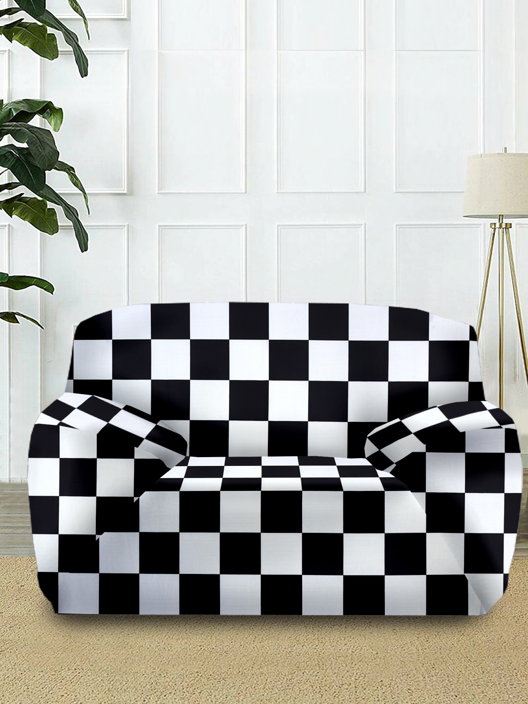 

Cortina White & Black Checked 1-Seater Super-Stretchable Non-Slip Sofa Slipcover