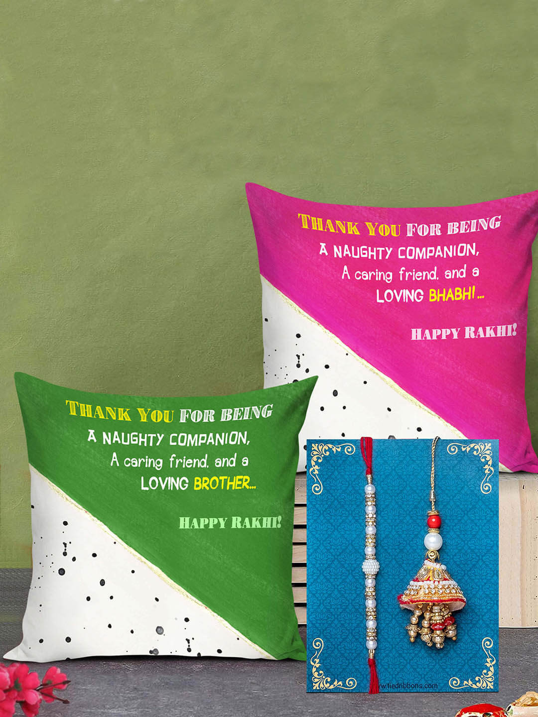 

TIED RIBBONS Designer Bhaiya Bhabhi Rakhi with Printed Cushion Combo Gift Set, Multi