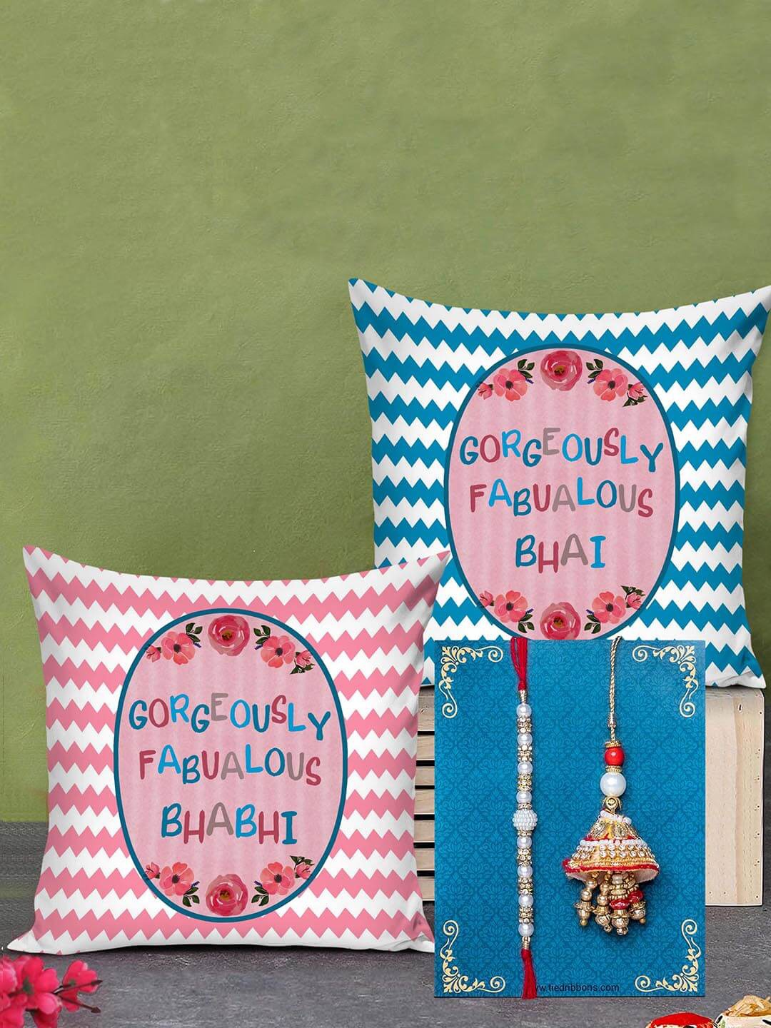 

TIED RIBBONS Designer Bhaiya Bhabhi Rakhi with Printed Cushion Combo Gift Set, Multi